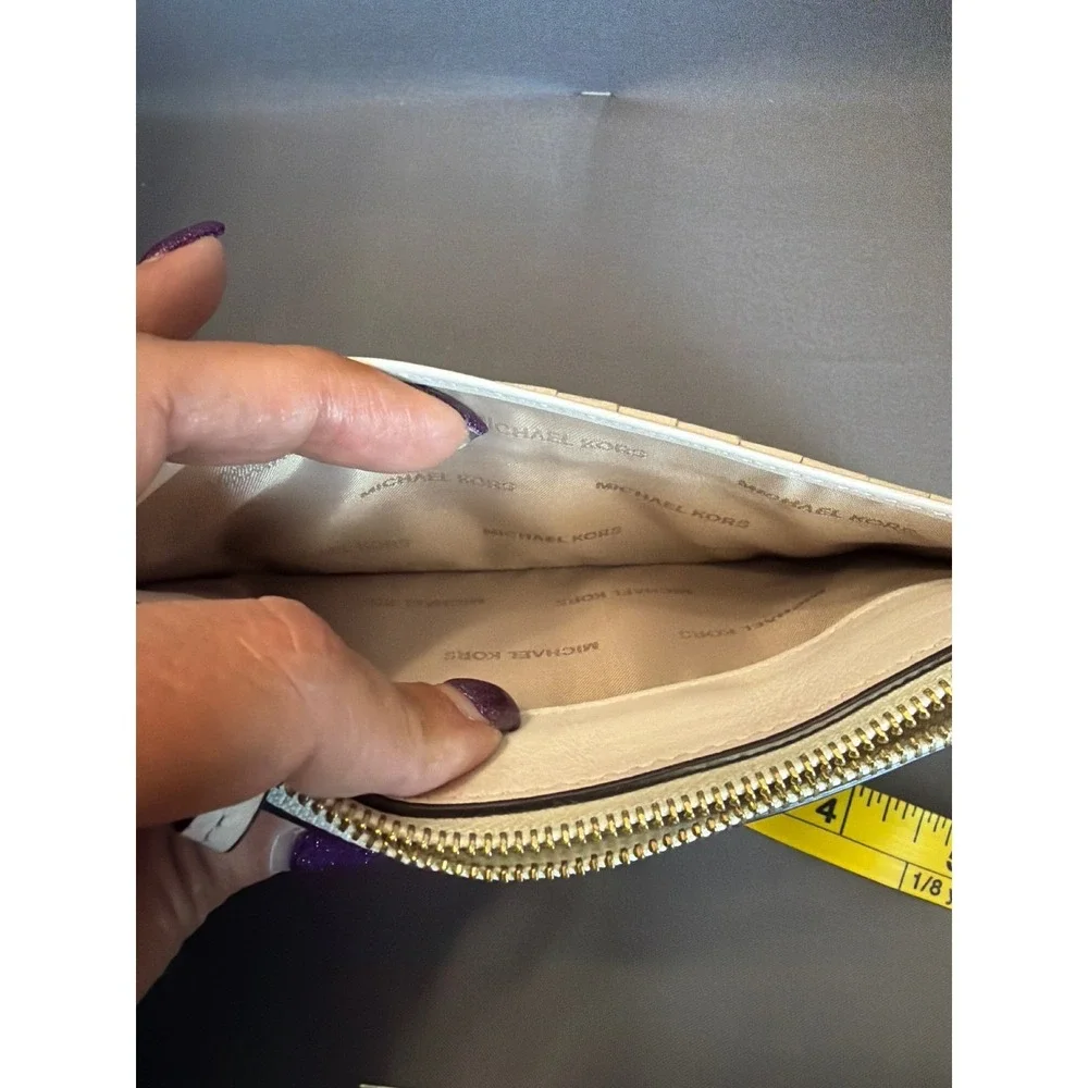 Michael Kors Slim Card Case Wallet Gold Floral Cream Leather Zip Key Ring